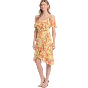 NEW London Times Soft White Sunshine Cold Shoulder Ruffle Hi-Low Dress US 8